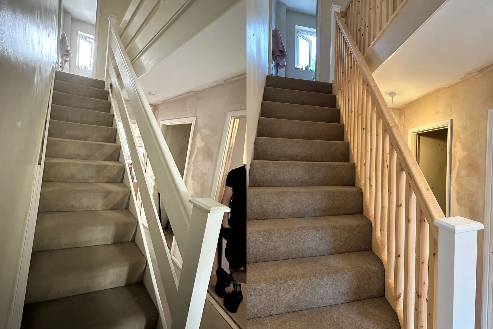 Full staircase before and after the £2,000 Long Eaton renovation: original horizontal rails on the left, new wooden spindles on the right
