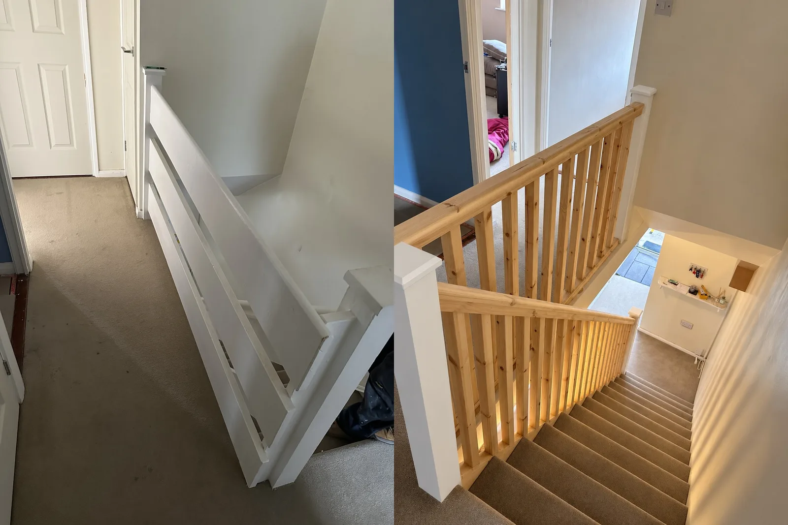 Full landing and staircase before and after the Long Eaton renovation, with original rails on the left and new timber spindles on the right