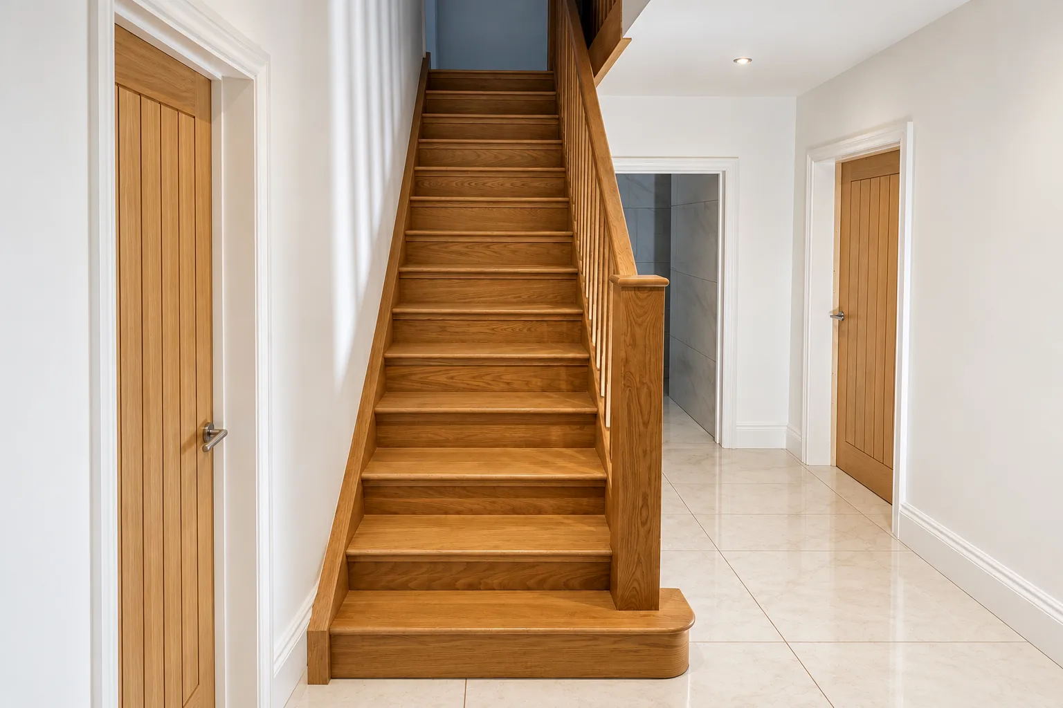 Full oak staircase with matching timber spindles, handrail and square newel post