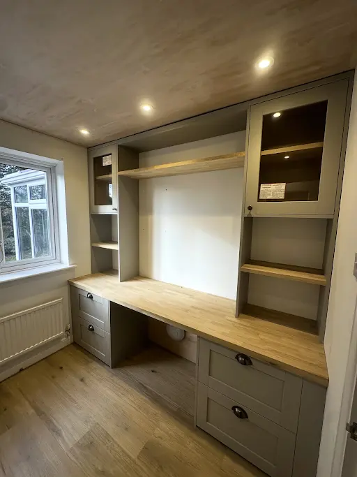Bespoke built-in desk with oak worktop and shelves